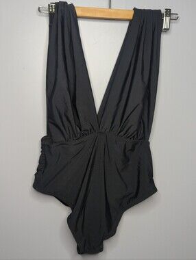 NWOT Retro Deep Plunge V-Neck One Piece Swimsuit Ruched Waist Black Size S